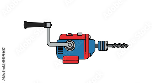 A Retro Manual Hand Crank Drill with a Spiral Bit Attached to the Chuck, Isolated on a White Background, Depicting a Classic Tool