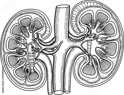 Human kidney anatomy cross section, renal cortex medulla pyramids pelvis calyces arteries veins ureter, medical illustration, biology diagram, healthcare vector