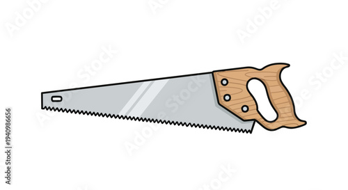 A simple illustration of a classic hand saw with a wooden handle, showcasing its sharp teeth and metal blade for cutting materials