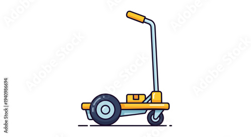 Stylized illustration of a compact, yellow industrial hand truck with large rear wheel and smaller front wheels ready for transport tasks