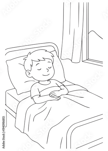 coloring book page boy sleeping peacefully in a hospital bed