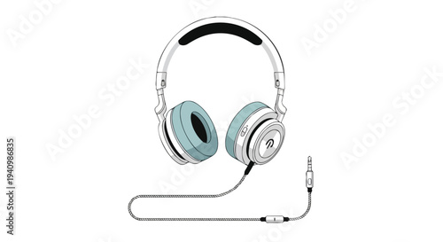 Stylish blue and white headphones with a coiled cable and audio jack, perfect for music lovers and tech enthusiasts.