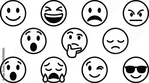 Set of 10 black line emojis vector