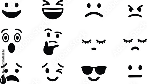 Set of 10 black emoticon faces vector