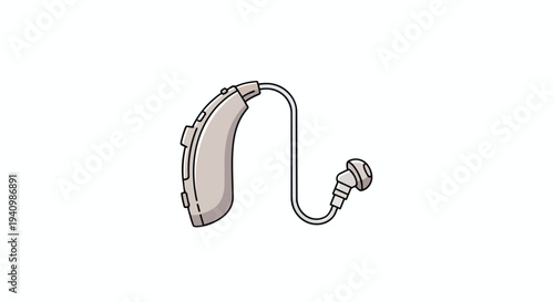 A simple, clean vector illustration of a modern beige behind-the-ear hearing aid device with a clear earbud and wire against a pure white background
