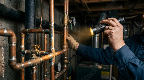 Professional Plumber Inspecting Copper Water Pipes with Flashlight in Basement, Residential Home Maintenance and Repair Services Concept