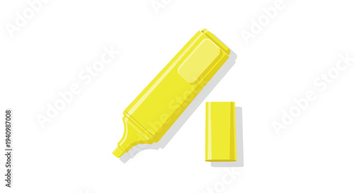 Bright Yellow Highlighter Pen with Cap Detached, Minimalist Vector Illustration on White Background