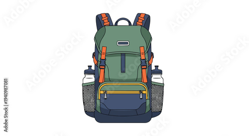 Front view illustration of a robust hiking backpack with water bottle holders and multiple compartments for outdoor adventures and travel gear