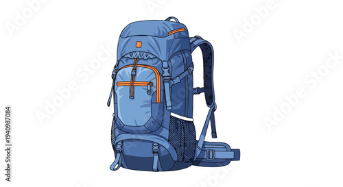 Detailed illustration of a robust blue hiking backpack with orange accents, perfect for outdoor adventures and expeditions.