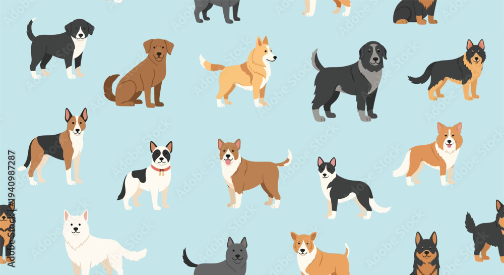 Fototapeta premium A lively seamless pattern features various dog breeds on a light blue backdrop.