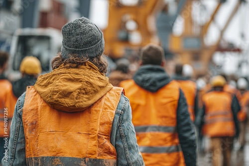 Wallpaper Mural Back view of construction workers wearing orange safety vest and warm clothing walking at industrial site with cranes and machinery in background, showing teamwork and focus Torontodigital.ca