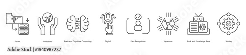 Digital and quantum frontiers banner web icon vector illustration featuring icons of server, predictions, brain and cognitive computing, digital, face recognition, quantum