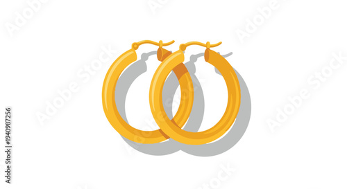 Classic golden hoop earrings presented against a clean white backdrop with a subtle shadow effect creating depth and elegance for fashion accessory