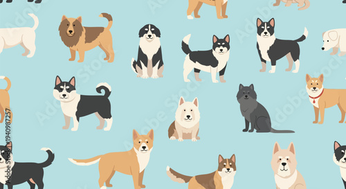 A charming seamless pattern of diverse dog breeds on a blue background.