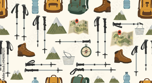A repeating seamless pattern filled with hiking and camping equipment.