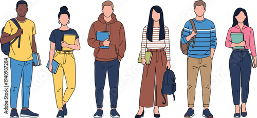 diverse college students group, university young people with backpacks books, education lifestyle vector illustration isolated characters set