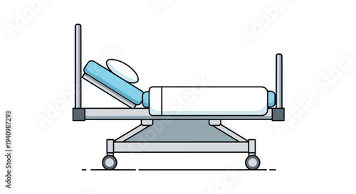 A minimalist illustration depicting a medical examination bed with adjustable features and wheels for mobility
