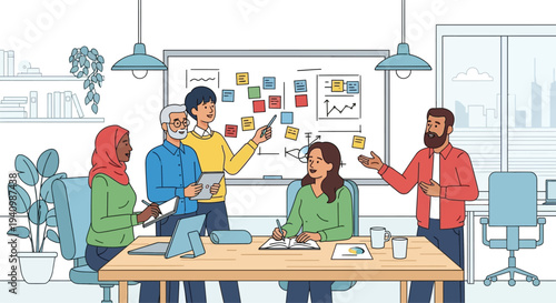 A diverse business team collaborates during an engaging office meeting.