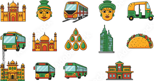 india culture landmark icons set, indian transport food architecture symbols, taj mahal metro bus auto rickshaw vector illustration