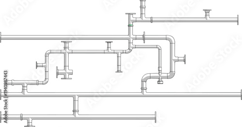 industrial pipeline system technical engineering drawing pipes valves connectors vector illustration isolated mechanical piping layout diagram