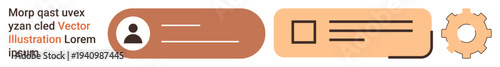 User interfaces, customization, settings menu, web design, digital identity, functionality. Profile icon, text placeholders and gear symbol. User interfaces and customization concepts