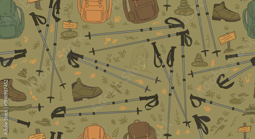 A seamless pattern showcasing essential hiking and outdoor gear.