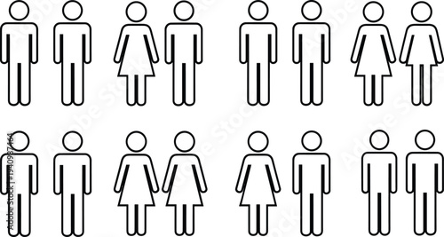 male female restroom icons set, human figure symbols, toilet sign collection, gender pictogram vector, public bathroom signage illustration