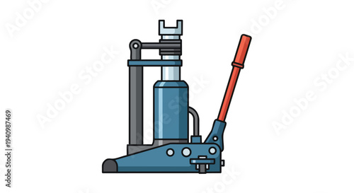A stylized illustration of a blue hydraulic jack with a red handle, isolated on a white background, representing lifting power and mechanical