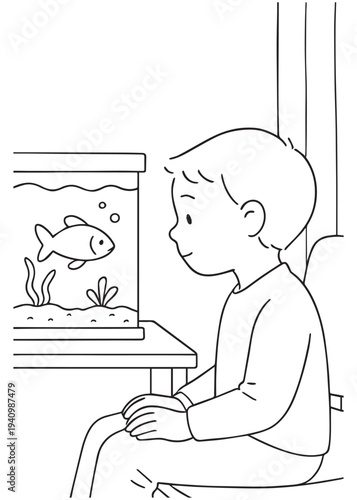 coloring book page boy watching fish in an aquarium at the bedside