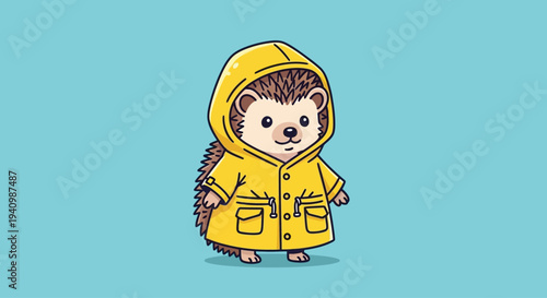 A cute cartoon hedgehog happily wears a bright yellow raincoat.