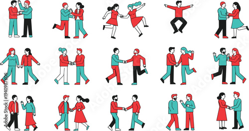 people interaction illustration set, couples friends greeting shaking hands walking talking social communication vector character collection