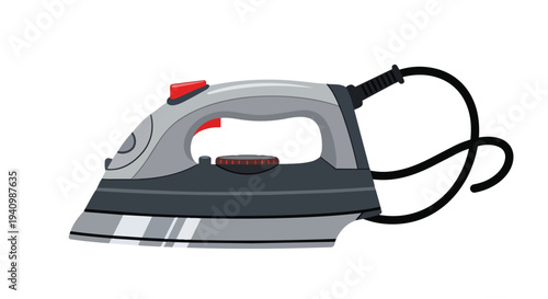 Modern grey electric steam iron with red button and black cord isolated on white background vector graphic