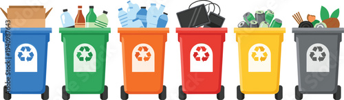 recycling bins waste sorting set, colored recycle containers, garbage separation concept, environmental waste management, eco recycling illustration