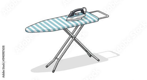 A Portable Ironing Board with an Electric Iron Resting on Its Striped Surface Ready for Use