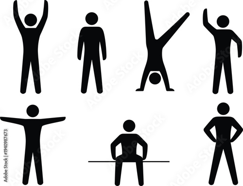 stick figure human poses icon set standing sitting waving handstand exercise pictogram flat vector illustration isolated collection