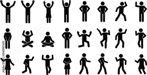 stick figure people action poses icon set human pictogram gestures walking sitting dancing flat vector illustration collection