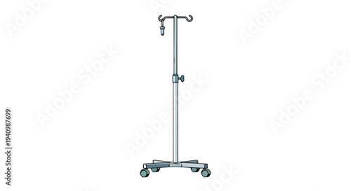 Medical iv pole stand with a bag hanging from the top hook against a white background