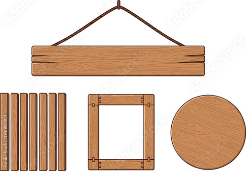wooden signboard set, blank rustic wood boards frames shapes hanging sign vector illustration isolated design elements collection