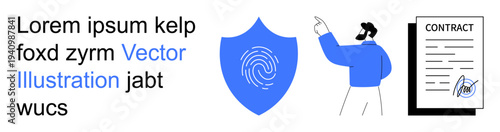 Digital security, data protection, identity verification, legal contracts, authentication, technology. Fingerprint shield, person pointing signed contract. Digital security and data protection