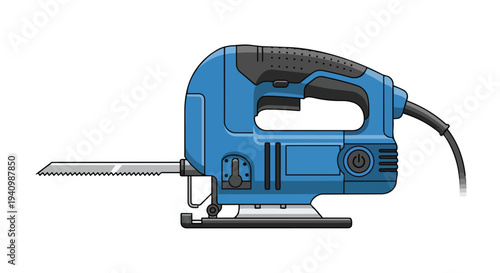 A bright blue electric jigsaw with a detailed blade and power button, perfect for DIY projects and woodworking