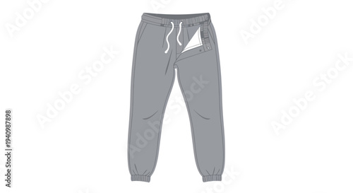 Clean Minimalist Illustration of Grey Jogger Pants with White Drawstring and Button Fly Detail