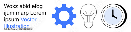 Innovation design business tools time planning efficiency productivity ideas. Blue gear outline bulb and clock on white background. Innovation and productivity