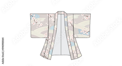 Elegant traditional Japanese kimono featuring delicate cherry blossoms and flowing wave patterns on a soft grey background, a timeless garment design