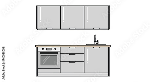 Modern minimalist kitchen unit featuring integrated oven, sink, and overhead cabinetry, depicted in a clean line art style