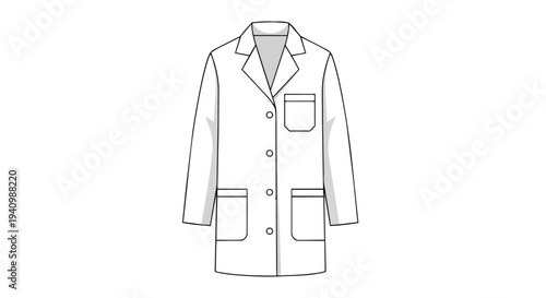 Clean white medical lab coat illustrated as a blueprint design with buttons and pockets against a white background, perfect for science.
