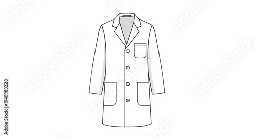 Clean schematic illustration of a classic white laboratory coat with buttons and pockets on a neutral background for scientific purposes