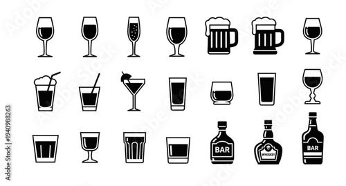 A set of black and white vector icons depicting various types of alcoholic beverages and glasses