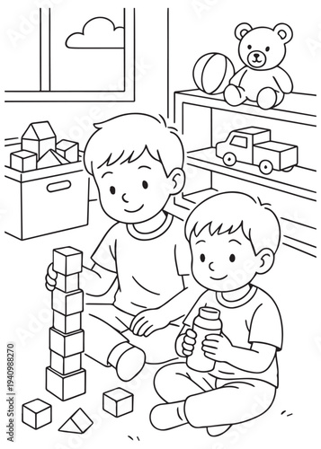 coloring book page boy playing with blocks and building towers with a friend or sibling