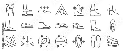 Walking support icon set. It includes insole, cushion sole, comfort, healthy, and more icons. Editable Vector Stroke.