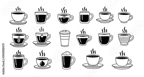 A set of black and white vector illustrations of various coffee cups and mugs with steam rising from them